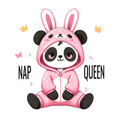 Сute panda in kigurumi pajamas. Pink hare costume with long ears, hood. Funny cartoon card with lettering nap queen, hand drawn vector illustration. Isolated on white.