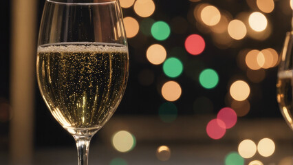 A glass of champagne is sitting on a table with a blurry background. Concept of celebration and relaxation, as the champagne is a popular drink for social gatherings and special occasions