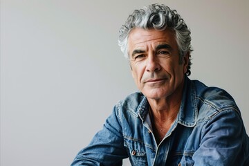 Portrait of a handsome mature man with grey hair wearing a denim jacket - obrazy, fototapety, plakaty