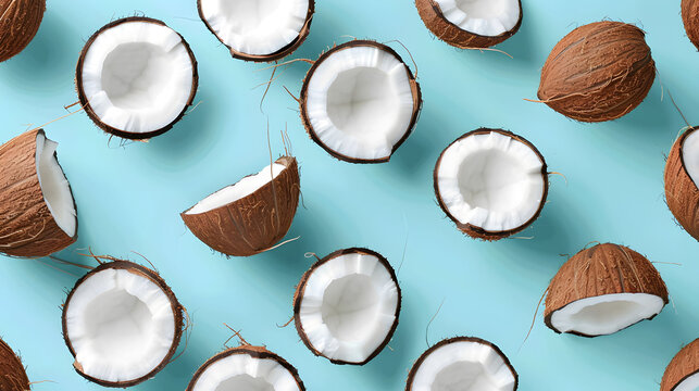 Colorful Pattern of Whole and Sliced Coconuts on Blue Background