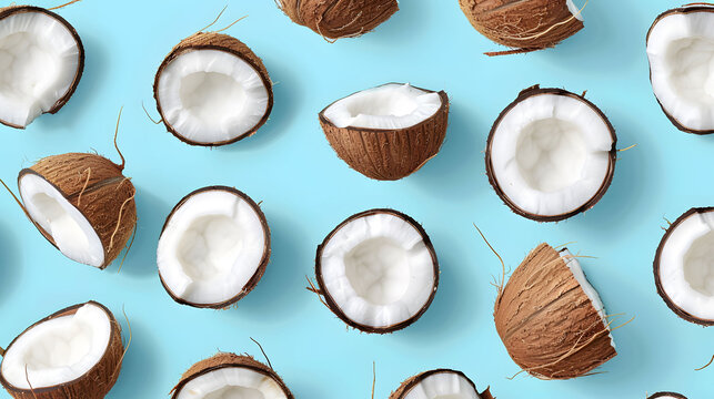 Colorful Pattern of Whole and Sliced Coconuts on Blue Background