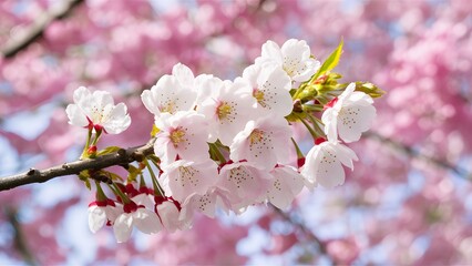 Branch of Japanese cherry blossom isolated against white background