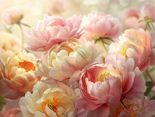 Cluster of watercolor pastel peonies soft blush and cream hues dewkissed and radiant in the gentle morning light capturing the essence of a serene garden at dawn