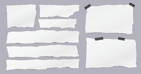 Set of torn white, lined note paper pieces are on light grey background for text or ad. - obrazy, fototapety, plakaty