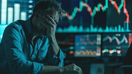 A middle-aged man sits stressed after being disappointed by the low price of the stock he bought.