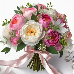 Bukiet ślubny z różowych piwonii na białym tle