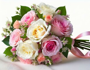 Bukiet ślubny z różowych róż na białym tle