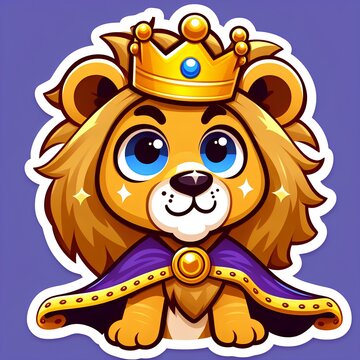 cartoon sticker of a brave lion character wearing a golden crown, lion sticker, animal sticker