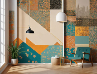 Modern interior art. illustration retro Trendy paper collage composition wallpaper modern art
