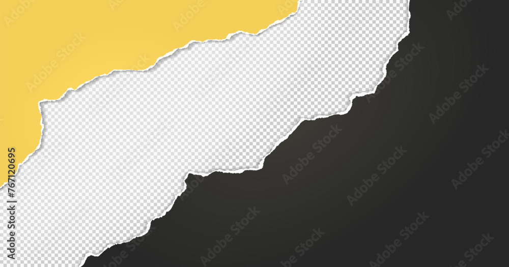 Aufkleber black and yellow paper with torn edges and soft shadow are on squared background for text.