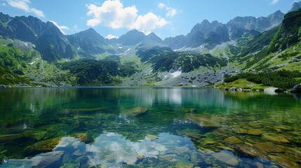 The environment: A pristine mountain landscape with a crystal-clear lake