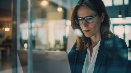 Middle aged business woman executive, female lawyer sitting at desk using laptop. Busy professional businesswoman manager working on computer corporate technology in modern office. Portrait.