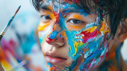 Young artist painting with vibrant colors, creating abstract masterpiece