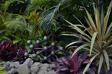 Fototapeta premium a sculpted molecule in a botanic garden next to contrasting exotic plants