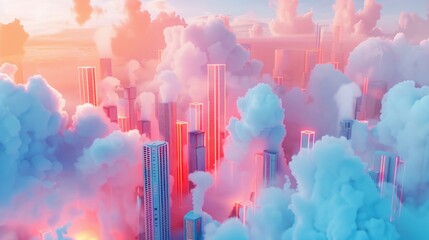  a blue abstract background with tall buildings in a cloud punk style. This is the first version designed in Blender, featuring a simple background with light red and orange hues - obrazy, fototapety, plakaty