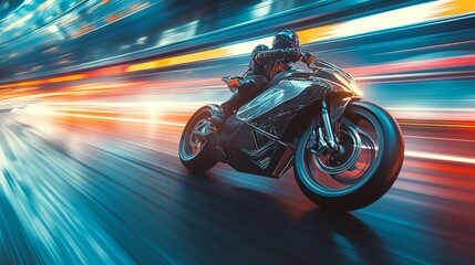 Speed-blur effect of a motorcycle racing through an illuminated city at night - obrazy, fototapety, plakaty