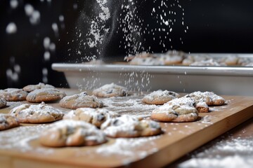 sprinkling flour on cookies, baking sheet in background