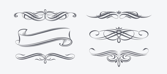 Set of page decorations design elements. Calligraphic flourishes elegant ornamental dividers. Vector illustration. - 767121453