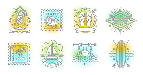 Set of summer holidays, vacation and travel emblems, signs and labels. Outline drawing style vector illustration.