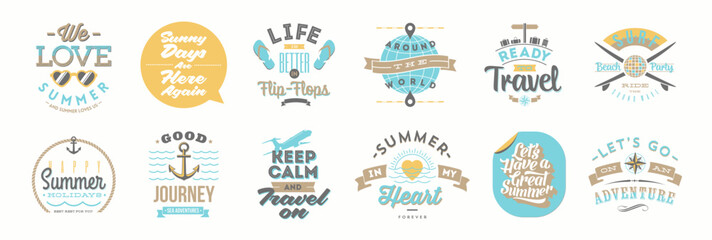 Set of summer holidays, vacation and travel retro type design with quote and phrases. Vector illustration.