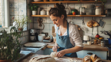 A Woman Makes Bread Dough in the Kitchen - obrazy, fototapety, plakaty