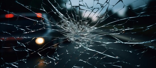 A closeup shot of a shattered glass window with a car in the background, grass and plants nearby, showcasing a broken automotive window part and a damaged windscreen wiper - obrazy, fototapety, plakaty