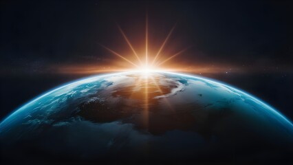 Sunlight ascending over Earth in outer space