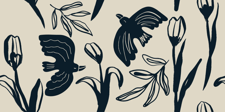 Abstract creative seamless pattern with birds artistic background. Modern design for paper, cover, fabric, interior decor and other users.
