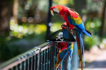 Rolgordijnen pair of parrots perched on a single pirate hat on fence © studioworkstock