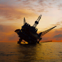 Emergent Crisis: Capsized Offshore Oil Rig Against a Breathtaking Sunset - 767121826