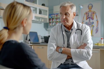 Healthcare professional converses with patient in clinic setting - obrazy, fototapety, plakaty