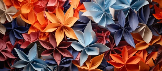 A creative display of blue paper flowers with symmetrical petals and leaves stacked on top of each other, resembling a terrestrial flowering plant in a unique art form