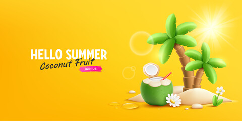 Coconuts fruit fresh and flower, coconut tree, pile of sand, summer holiday banner on yellow background, EPS 10 vector illustration
