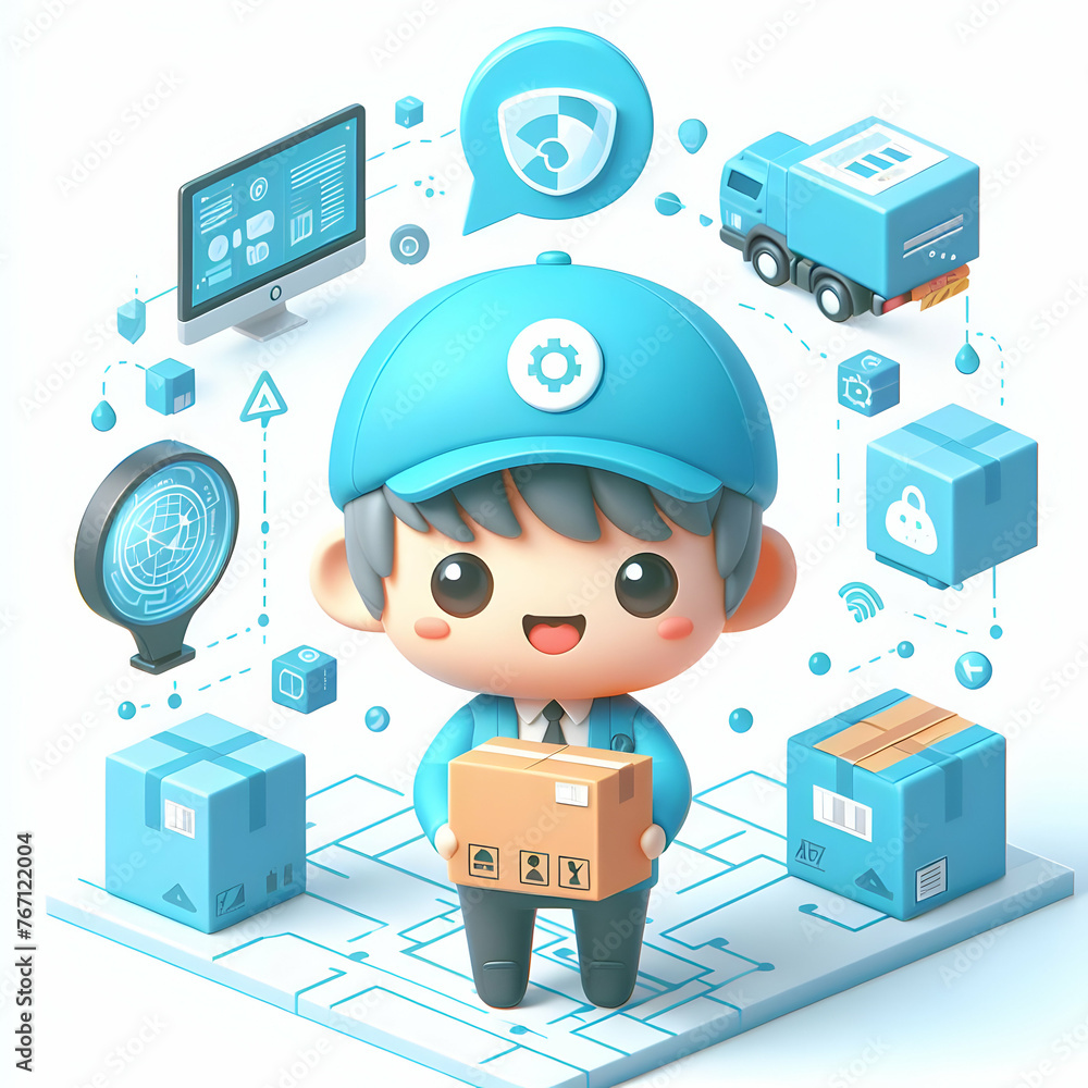 Poster original name(s): 3d flat cute chibi icon for advanced logistics with ai and machine learning in dig