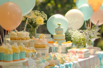 A table topped with a variety of cakes and cupcakes, perfect for a baby shower celebration