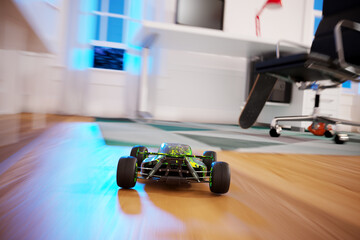 Competitive RC Car Racing Across A Polished Wooden Floor In A Modern Home - 767122093