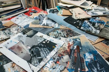 Collection of various pictures stacked on a table, showcasing a mix of images and colors
