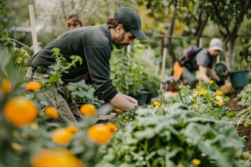 A group of individuals actively engaged in gardening tasks at a community garden, planting and tending to various plants and crops