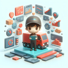 3D flat cute chibi icon for Logistics Data Analytics for Supply Chain Insights in Digital innovation abstract theme with isolated white background ,Full depth of field, high quality ,include copy spac