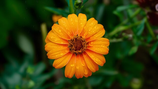 Bright ornamental garden background with rain droplets on orange flower