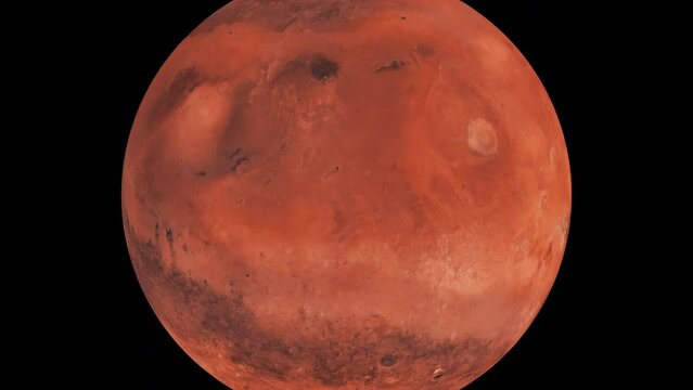 Planet Mars rotates around its axis on a black background, 3D render, zoom effect