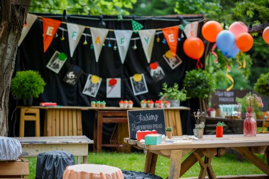 A table adorned with a chalkboard sign and colorful balloons for a graduation party setup