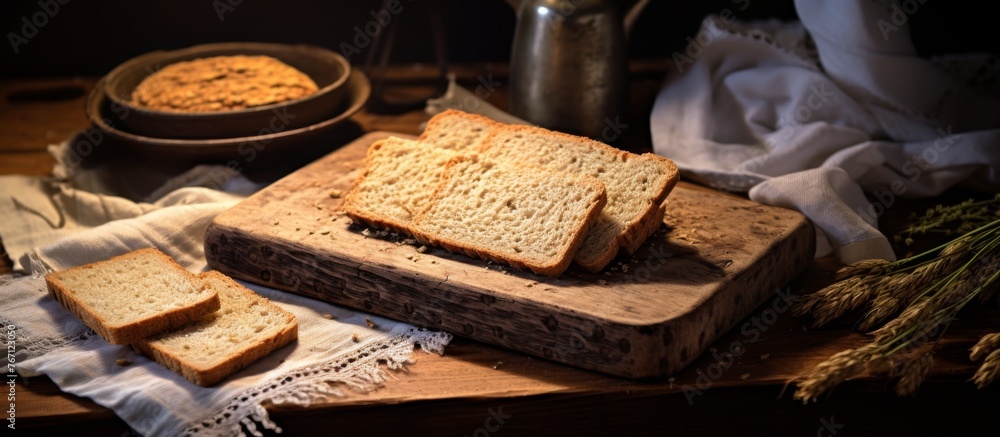 Poster slices of bread are displayed on a wooden cutting board, creating a rustic and appetizing scene. thi