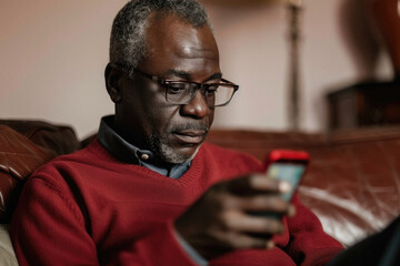 A man customer holding smartphone using apps on mobile cell phone, looking at cellphone technology device doing online ecommerce shopping or banking financial payments at home.