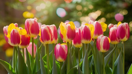Fototapeta premium Bright spring tulips create floral background with captivating bokeh