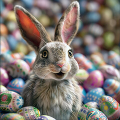 Fototapeta na wymiar Easter bunny with long ears and bright eyes, smiling or showing fun with many colorful Easter eggs. 