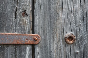 A closeup view of a rusted metal handle on a weathered wooden door