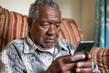A man customer holding smartphone using apps on mobile cell phone, looking at cellphone technology device doing online ecommerce shopping or banking financial payments at home.