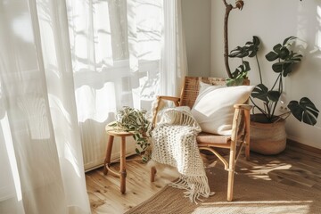 A contemporary living room featuring a stylish chair and a cozy rug, showcasing Scandinavian interior design with light colors and natural materials