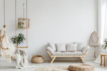 A modern living room featuring a hammock, comfortable chair, and soft rug in a Scandinavian design with light colors and natural materials